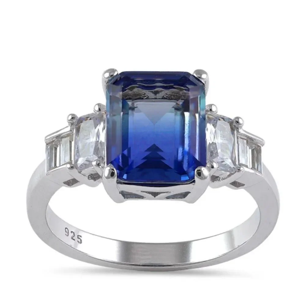 Sterling Silver Bi-Color Blue Sapphire Sky Ombre CZ Ring New